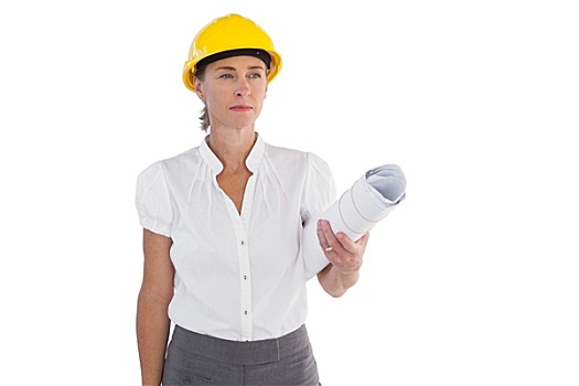 严肃,女性,建筑师,拿着,安全帽,白色背景,背景
