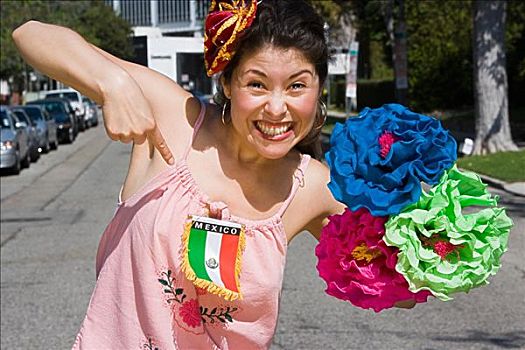 女人,拿着,花,指点,墨西哥国旗