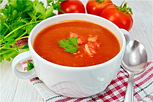 汤,西红柿,餐巾,木板