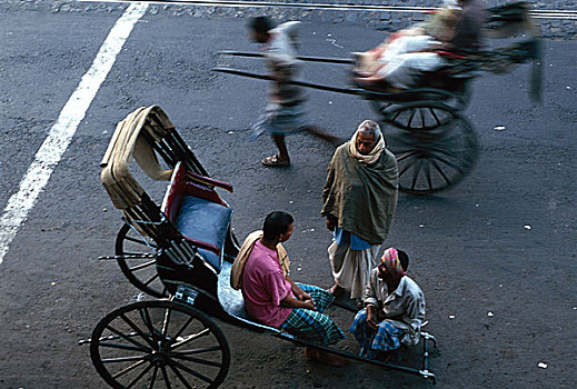 坐,人力车,人,等待,乘客,加尔各答,印度