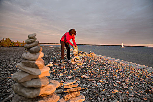 女人,堆积,石头,海滩