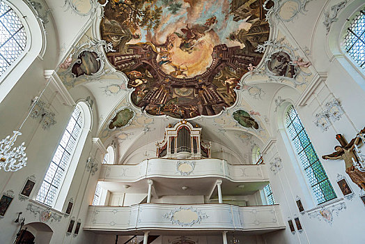 器官,画廊,天花板,壁画,教区教堂,寺院,上巴伐利亚,巴伐利亚,德国,欧洲