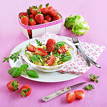 沙拉,草莓,扁篮,莴苣,背景