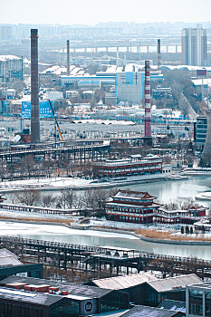 大雪过后的北京市石景山区首钢园首钢工业遗址公园