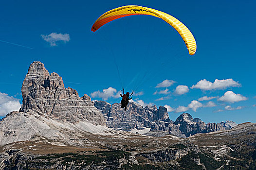 滑伞运动,三个山峰,白云岩,意大利,欧洲