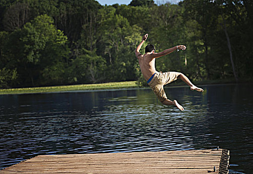 男孩,跳跃,平静,水池,木码头