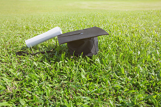 草地上的毕业生学士帽和证书纸卷