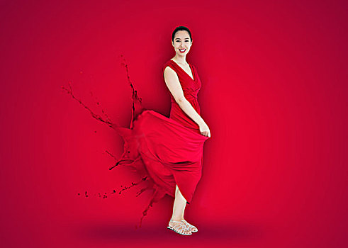 亚洲女性,红裙,转,绘画,溅,红色背景