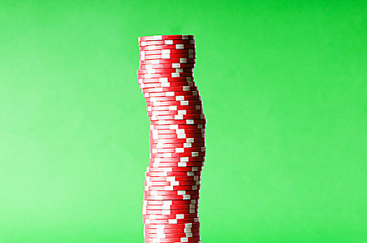 一堆,红色,赌场,筹码,绿色背景