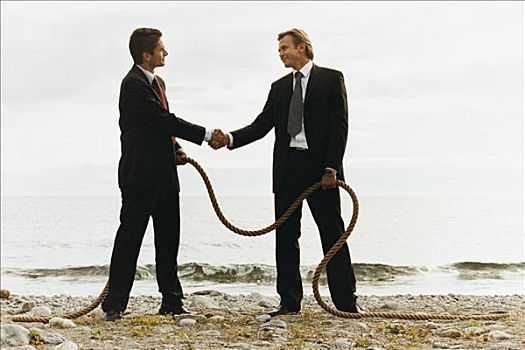 两个,商务人士,握手,海滩,拿着,绳索