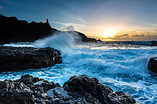 海浪,岩石海岸,泡沫,波浪,日落,法若,特内里费岛,加纳利群岛,西班牙,欧洲