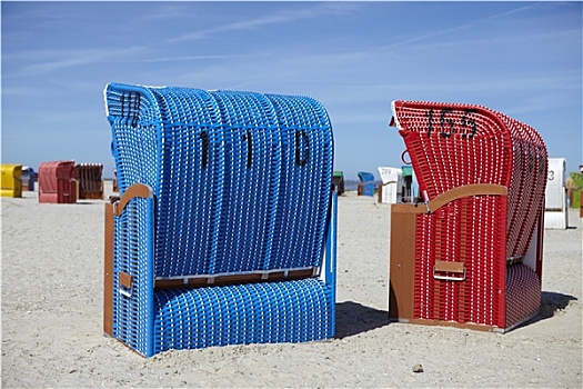 两个,海岸,蓝色,红色,沙滩椅,海滩