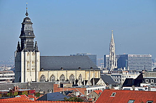 教堂,风景,地点,右边,后面,哥特式,塔,城市,市中心,布鲁塞尔,比利时,荷比卢,欧洲