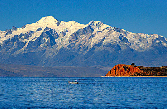 玻利维亚,南美,日落,火山,雪,提提卡卡湖