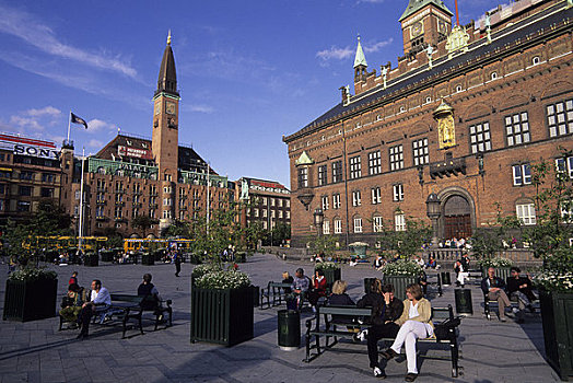 丹麦,哥本哈根,城市广场,市政厅,右边,宫殿,酒店,左边