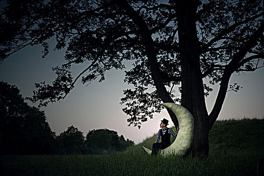 男人,坐,月亮,新月,树下,黄昏