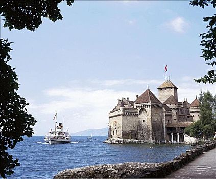城堡,要塞,建筑,船,河,树,蒙特勒,沃州,瑞士,欧洲