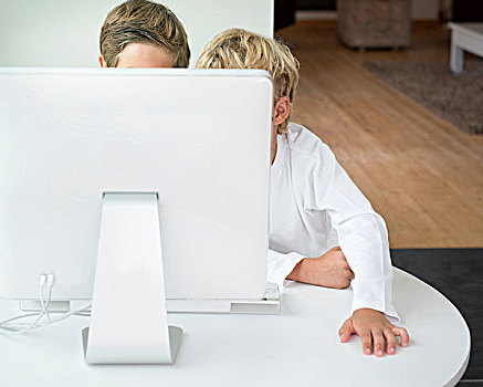 男孩,后面,电脑,显示屏