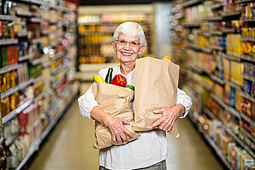 头像,微笑,老年,女人,食物杂货,包,超市