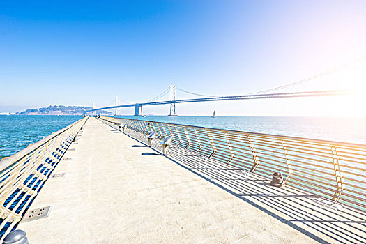 空,步行桥,靠近,海湾大桥,旧金山,阳光