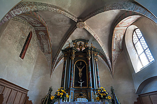 教堂高坛,教堂,主祭台,壁画,中间,弗兰克尼亚,巴伐利亚,德国,欧洲