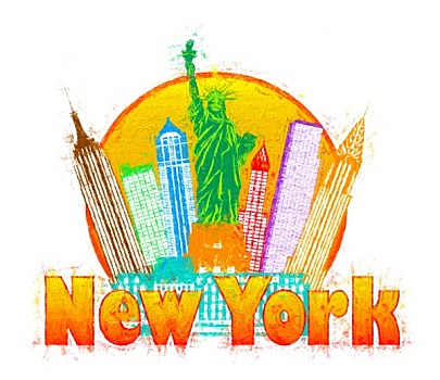纽约,彩色,天际线,圆,印象派,插画