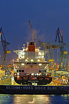 集装箱船,浮码头,汉堡市,港口,夜晚,德国,欧洲