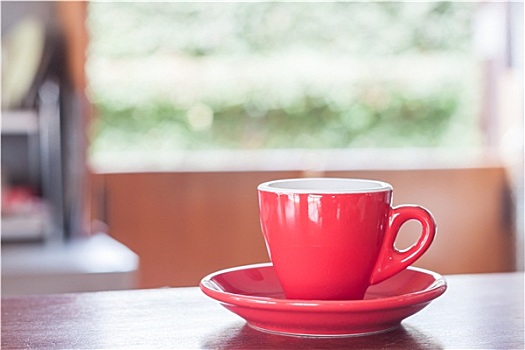 红色,咖啡杯,木桌子