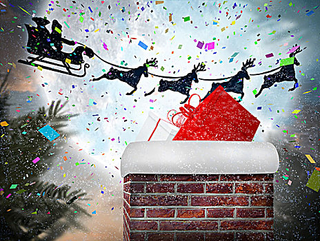 圣诞老人,飞,雪撬,后面,烟囱
