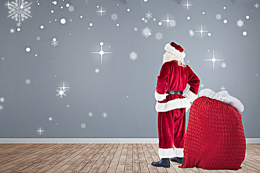 合成效果,图像,高兴,圣诞老人,袋,礼物,房间,木地板