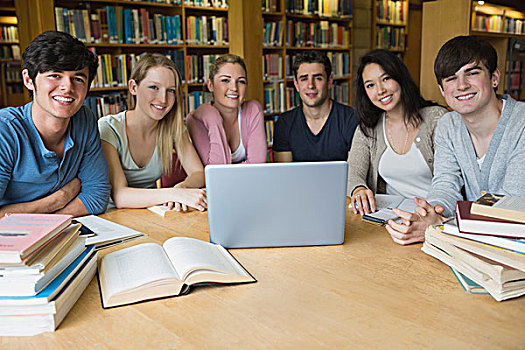 学生,坐,桌子,图书馆,笔记本电脑,学习