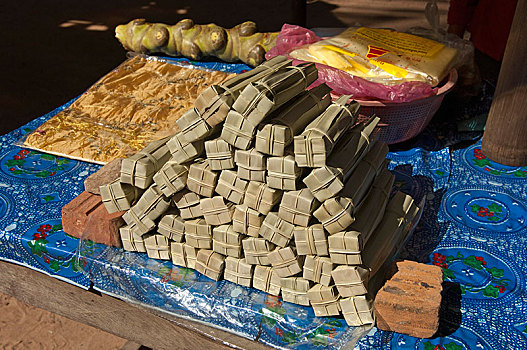 手掌,糖,棕榈叶,出售,市场货摊,收获,柬埔寨,东南亚,亚洲