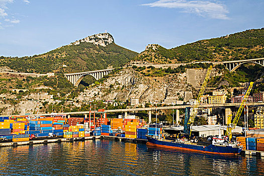 货船,一堆,运输,货箱,起重机,码头,港口,萨勒诺,坎帕尼亚区,区域,意大利