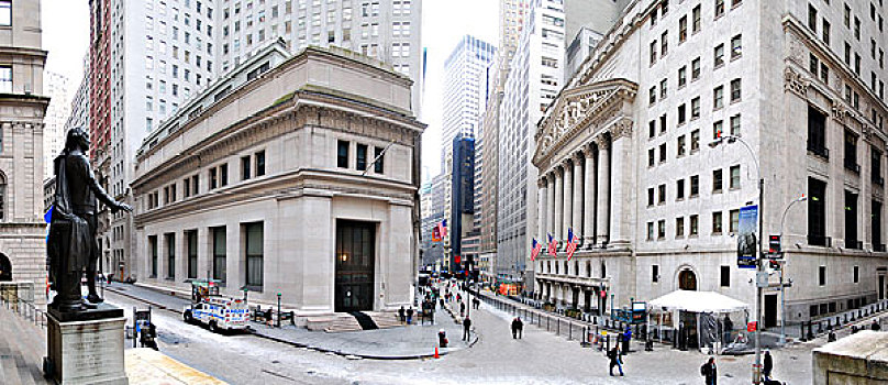 纽约,华尔街,全景,纽约股票交易所,乔治-华盛顿,雕塑