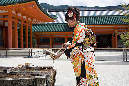 女人,倒出,水,手,日本寺庙