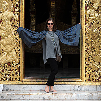 女人,站立,庙宇,寺院,琅勃拉邦,老挝