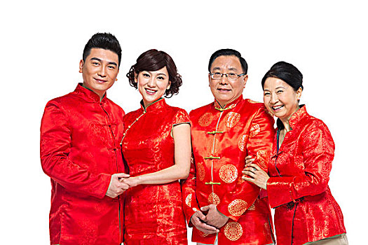 棚拍中國(guó)新年快樂(lè)的唐裝家庭