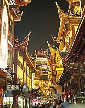 中国,上海,购物,区域,商业,晚间,序列,亚洲,城区,房子,建筑,风格,中国人,彩灯,光亮,人,模糊,景象