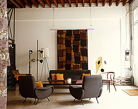 灰色,软垫,沙发,扶手椅,60年代,设计,客厅