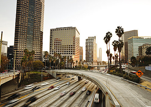 加利福尼亚,洛杉矶,高速公路,交通,市区,日落,长时间曝光
