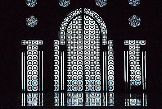 玻璃门,哈桑二世清真寺,卡萨布兰卡,摩洛哥,建造,上方,海洋,蓝光,进入,装饰,玻璃