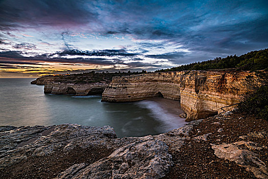 岩石海岸,日落,阿尔加维,法若,葡萄牙,欧洲
