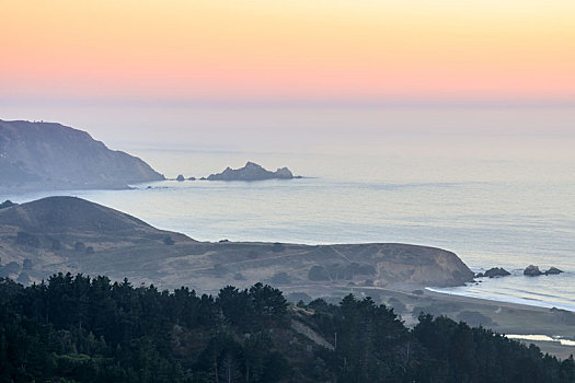 夏天,雾气,日落,上方,海岸