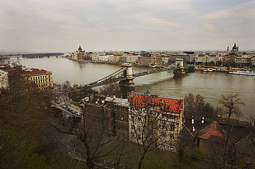 桥,俯视,河,匈牙利