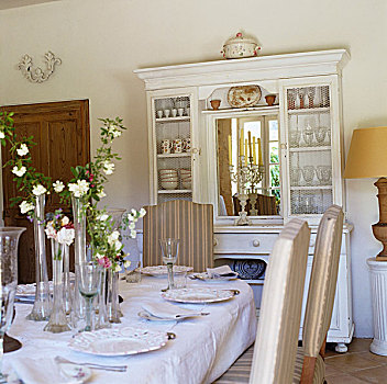 桌子,白色,瓷器,柜子,镜子,地中海,餐厅