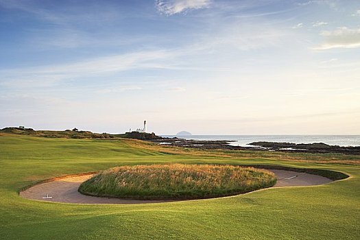沙坑,高尔夫球道,灯塔,海洋,背景,高尔夫球场,南,苏格兰