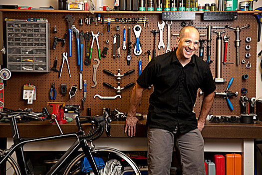 男人,笑,自行车,修理,店