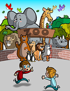 插画,男孩,跑,正面,动物园