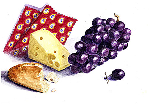插画,奶酪,蓝色,葡萄,块,棍子面包,面包,背景,图案,布