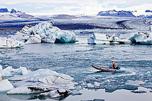 摩托艇,冰河,泻湖,杰古沙龙湖,舌头,瓦特纳冰川,国家公园,东方,冰岛,欧洲
